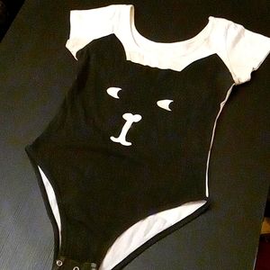 Meowingtons, White With Black Cat Short Sleeve Catsuit Bodysuit, Size Small